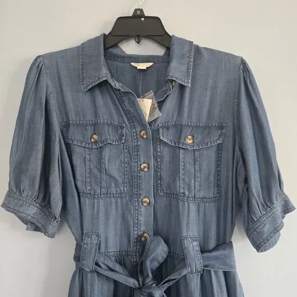 NWT Cato Midi Dress with Belt & Pockets Size M Tiered Skirt chambray-denim-look - Picture 2 of 10